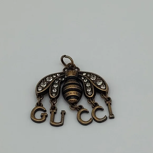 GUCCI Crystal Bee Logo Charm Pendant Antiqued Gold Rhinestone Dangle Zipper Pull - Picture 1 of 4